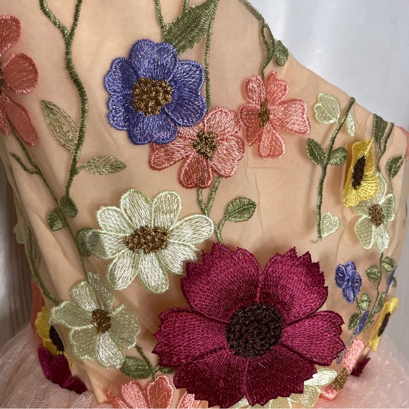 Just Me Floral Appliqué Tiered Dress One Shoulder Peach Pink M Tee Length Prom - Picture 8 of 12